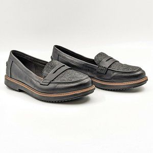 Clarks Women Raisie Black Leather Fabric Slip-on Walking trainers shoes size 11
